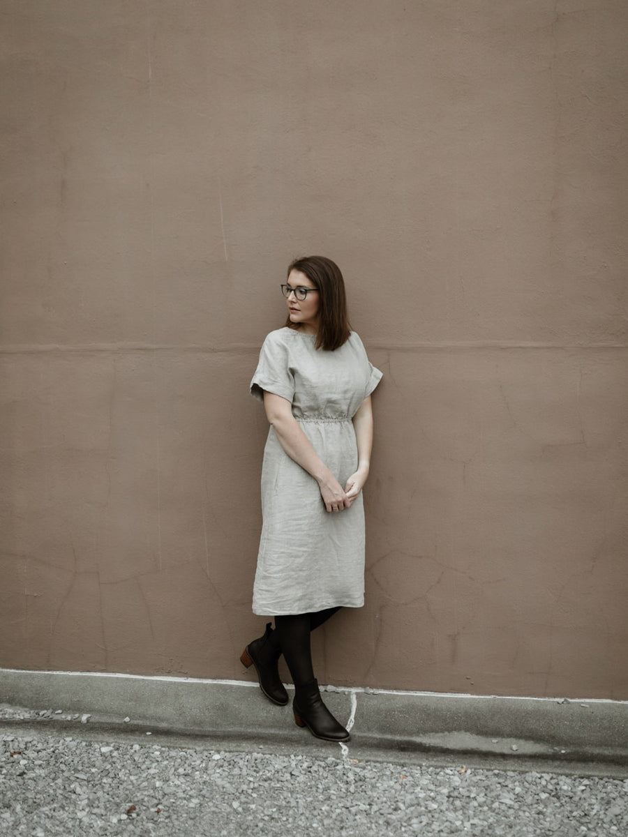 The Isla dress is a handmade linen dress, perfect for the sustainable closet. It has pockets, cuffed seams, and a gathered waist.