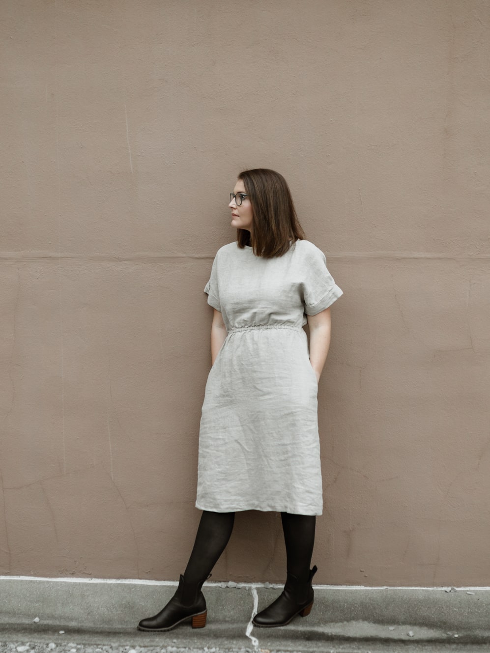 The Isla dress is a handmade linen dress, perfect for the sustainable closet. It has pockets, cuffed seams, and a gathered waist.