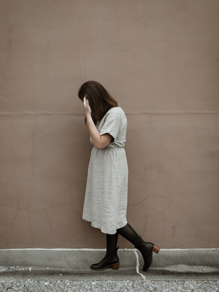 The Isla dress is a handmade linen dress, perfect for the sustainable closet. It has pockets, cuffed seams, and a gathered waist.